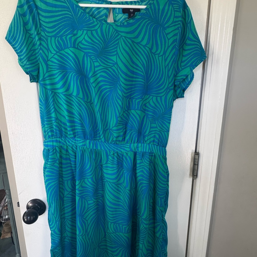 GAP Teal & Aqua Leaf-Print  Dress L